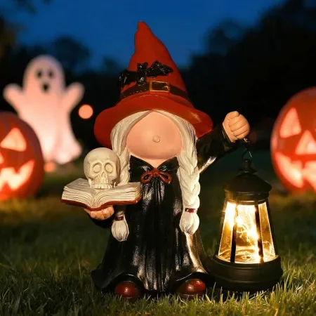 WONDHOME Halloween Witch Solar Gnome Garden Statue with Lantern